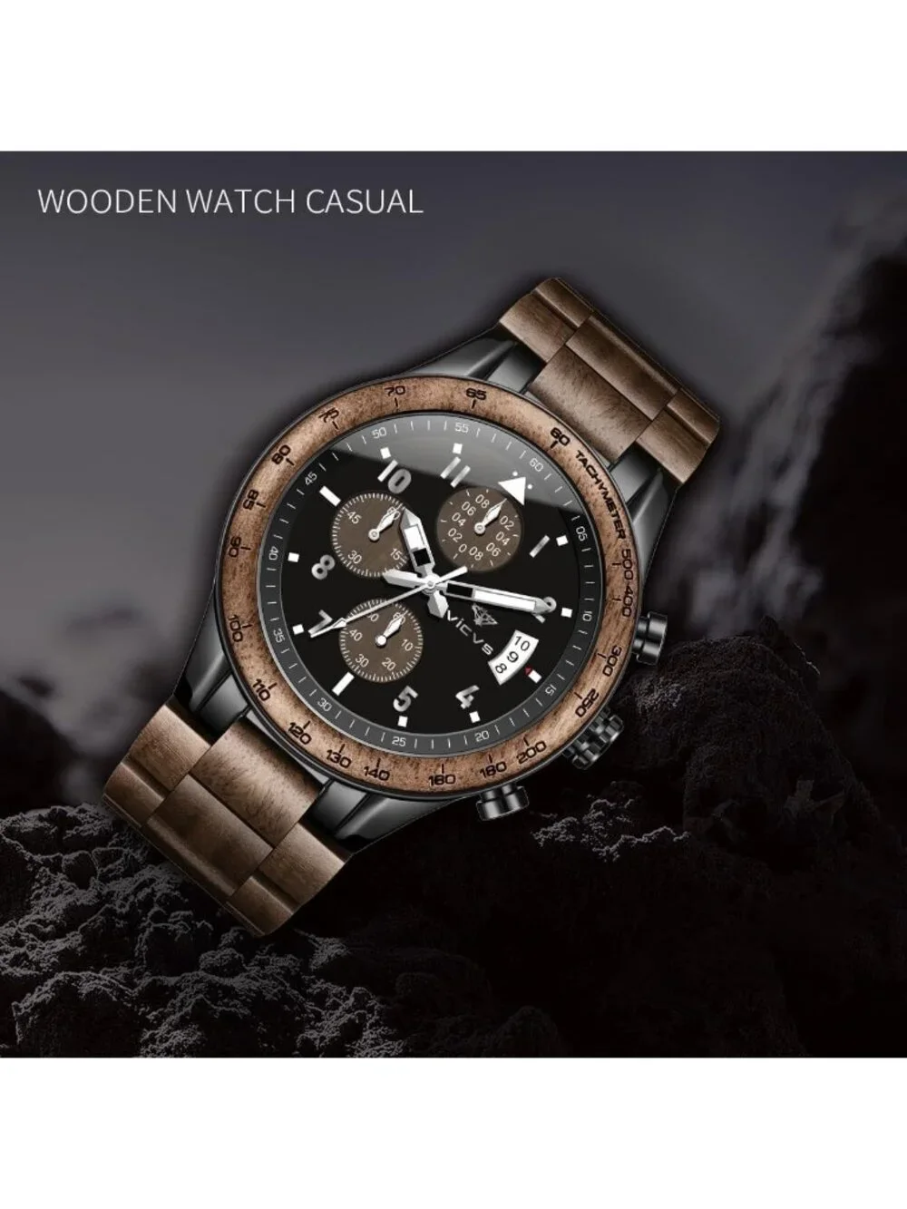 Mens Brown Black Stainless Steel Chronograph Quartz Multifunctional Wooden Watch